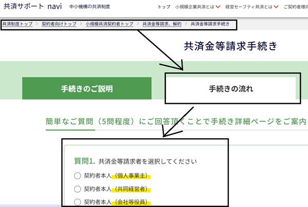 小規模企業共済の実際のオンラインの解約画面